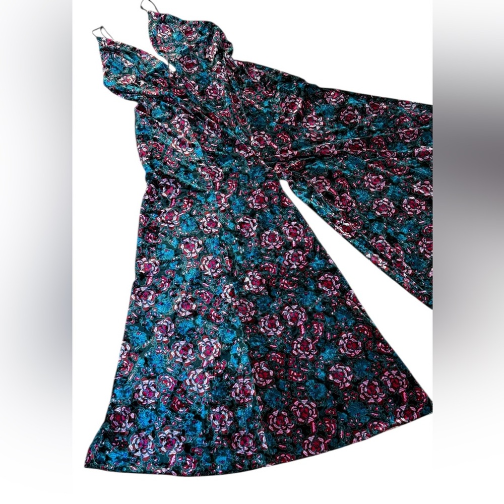 Free People Volcano Super Wide Leg Velvet Floral Jumpsuit Green Pink Size Large - Picture 7 of 15